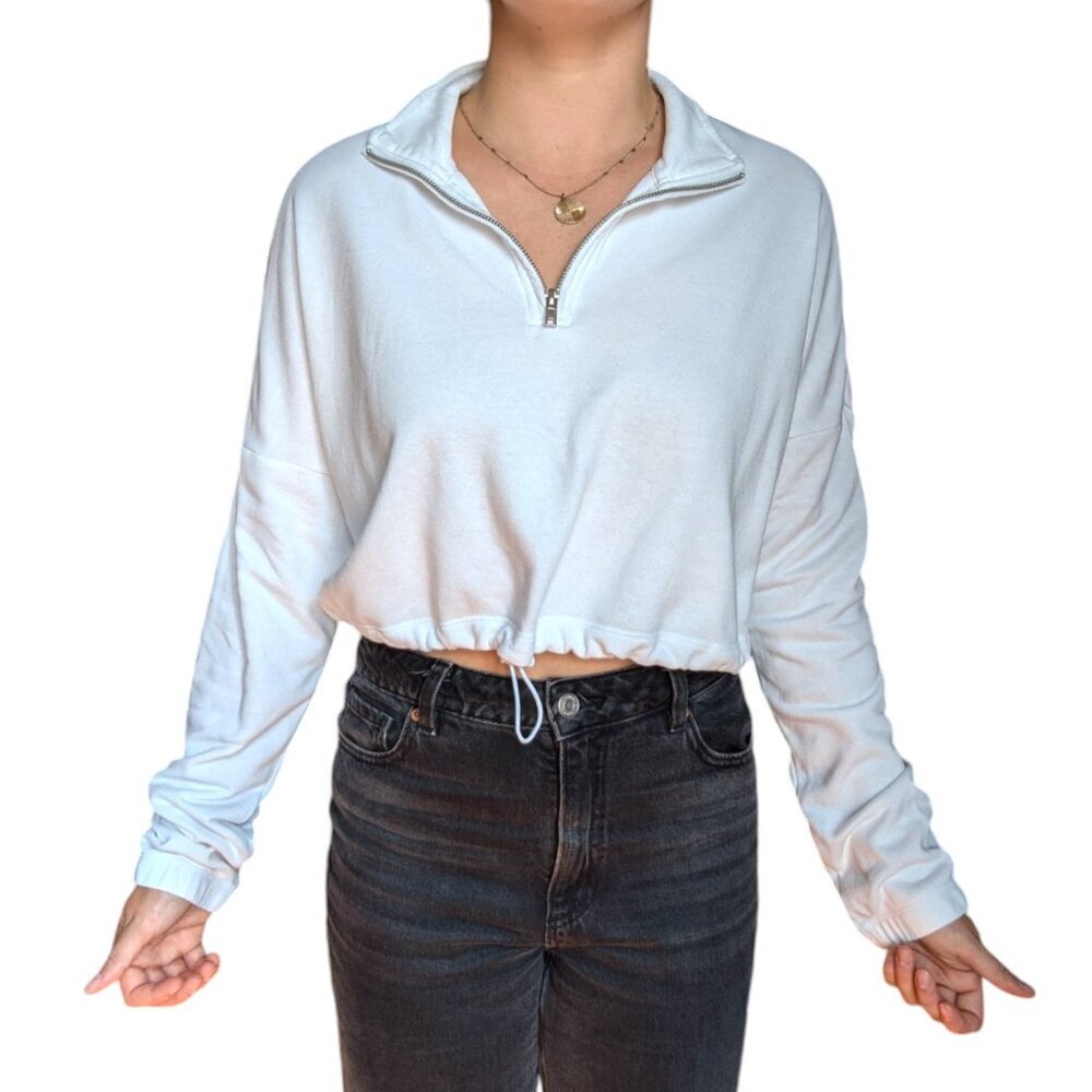 Garage White Cropped Quarter Zip with Cuffed Sleeves Women Size Medium